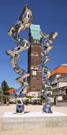Stainless steel sculpture entitled Points of View by Tony Cragg in front of the Wedding Tower, Mathildenhöhe, UNESCO World Heritage Site, Darmstadt, Germany
