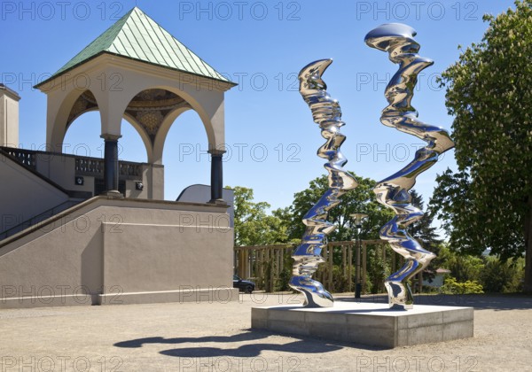 Stainless steel sculpture entitled Points of View by Tony Cragg in front of the exhibition building, Mathildenhöhe, UNESCO World Heritage Site, Darmstadt, Germany