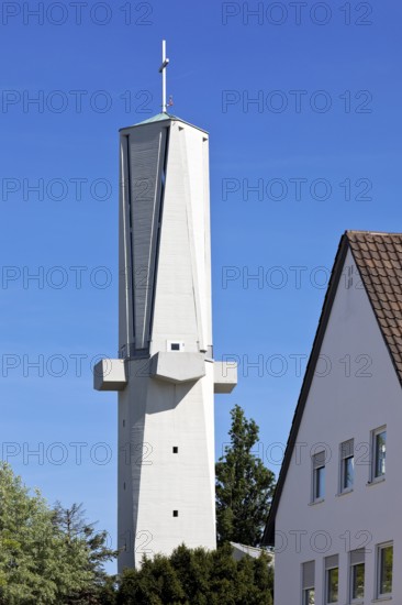 Spire of the Roman Catholic Church of St Fidelis, brutalist building, Mornewegviertel, Darmstadt, Hesse, Germany