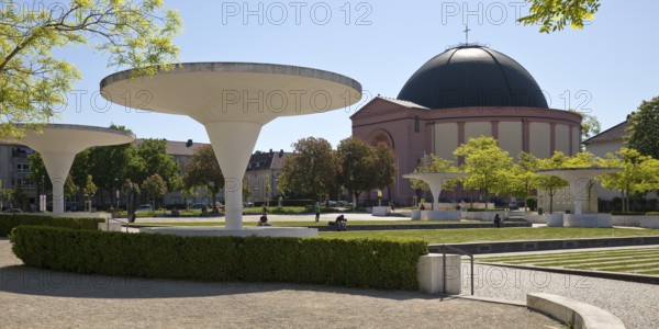 Georg-Büchner-Platz with white concrete mushrooms and St Ludwig's Church, public square, Darmstadt, Hesse, Germany