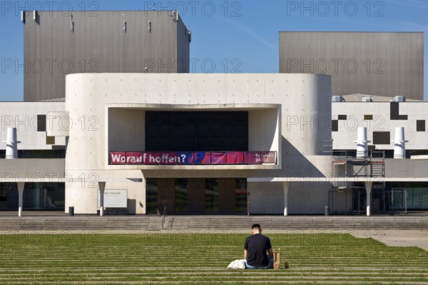 Georg-Büchner-Platz, concrete strip and grass strip with state theatre, public square, Darmstadt, Hesse, Germany