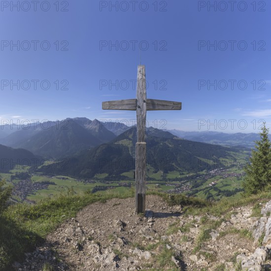 Panorama from Hirschberg, 1456m, into Ostrachtal with Bad Oberdorf, Bad Hindelang and Imberger Horn, 1656m, Oberallgäu, Allgäu, Swabia, Bavaria, Germany