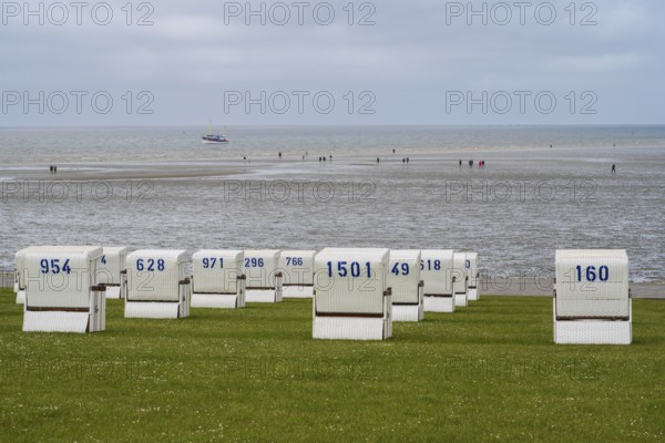 Beach chairs on the green beach, walker on the mudflats, fishing boat, Büsum, North Sea, Schleswig-Holstein, Germany