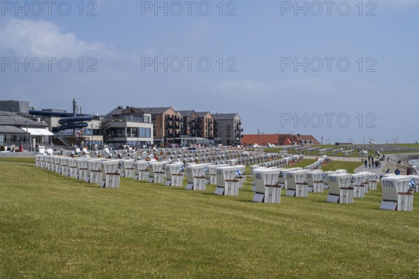 Beach chairs on the green beach, building on the promenade, Büsum, North Sea, Schleswig-Holstein, Germany