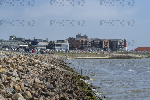 Coast and green beach, view of town, Büsum, North Sea, Schleswig-Holstein, Germany