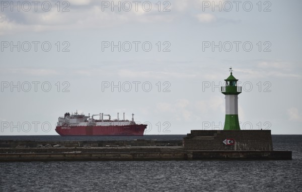 LNG tanker Iberica Knutsen at the Sassnitz lighthouse on Rügen, Mecklenburg-Western Pomerania, Germany