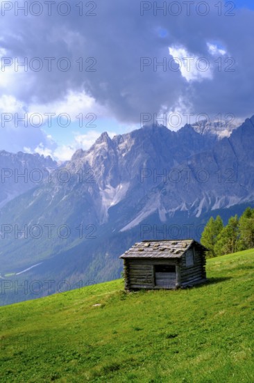 Mountain huts on the Helm, Sesto, Dolomites, Val Pusteria, South Tyrol, Italy