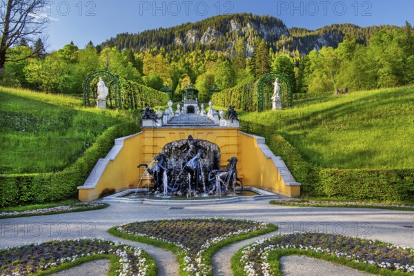 Neptune Fountain at Linderhof Castle in spring, municipality of Ettal, Ammergau Alps, Ammertal, Upper Bavaria, Bavaria, Germany