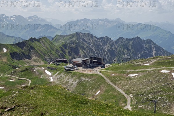 Edmund-Probst-Haus and Höfatsblick mountain station of the Nebelhornbahn, behind mountains of the Allgäu Alps, Oberstdorf, Oberallgäu, Bavaria, Germany
