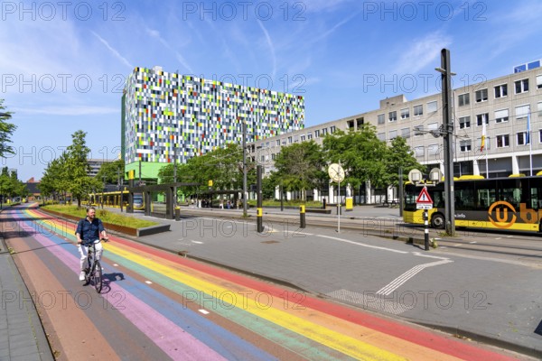 Rainbow cycle path through the university campus in Utrecht Science Park, 570 metres long, Utrecht University, the Utrecht University of Applied Sciences and UMC Utrecht University Hospital, set an example for acceptance, equal treatment and safety of the LHBTIQ+ community, public transport connection, Netherlands
