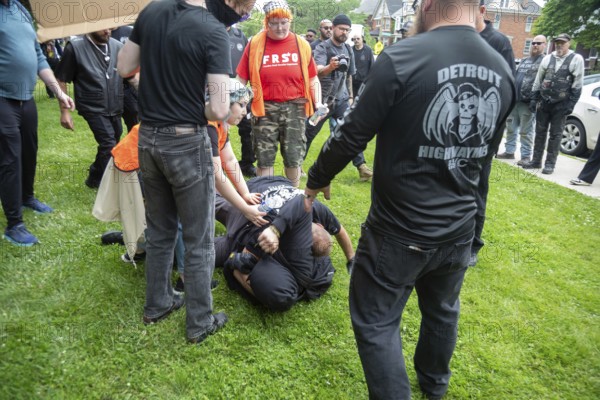 Detroit, Michigan USA - 14 June 2025 - Thousands gathered for a 'No Kings' rally, protesting President Trump's actions against immigrants and against democratic institutions. A group of antagonist bikers showed up and were able to provoke only one brief tussle