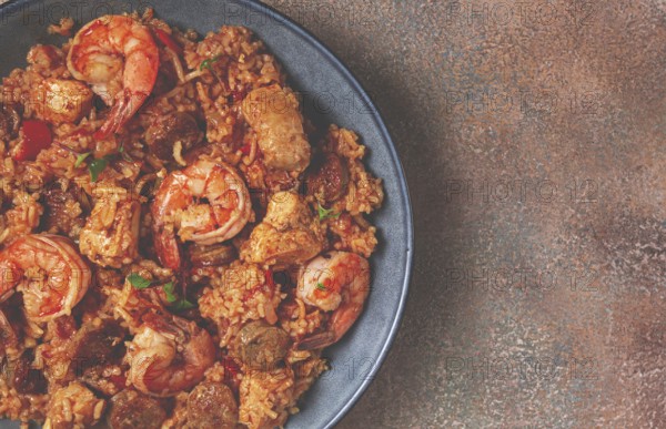 Jambalaya, Creole dish, American pilaf, rice with chicken and shrimp, vegetables, homemade, no people