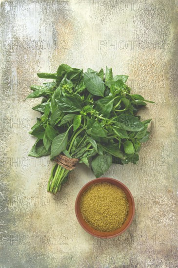 Ground green basil, in a ceramic bowl, with a bouquet of fresh green basil, on the table, top view, no people