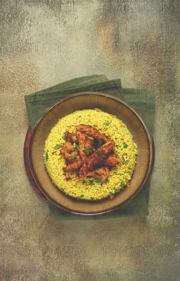 Crispy chicken fillet in soy sauce, with fried rice, homemade, no people