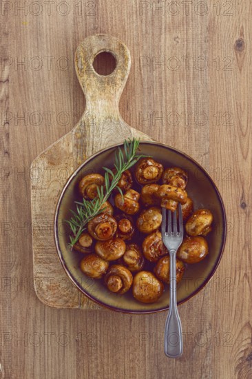 Fried mushrooms, with spices, in soy sauce, vegetarian food, homemade, no people