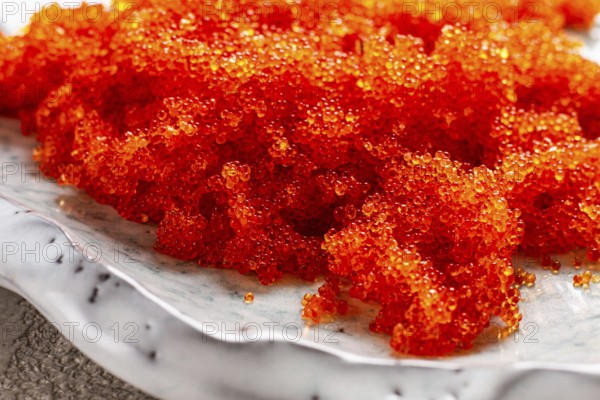 Orange Tobiko flying fish caviar, on a light blue plate, caviar for rolls and sushi, close-up