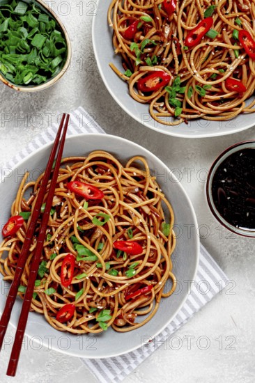 Udon noodles, with shimeji mushrooms, vegetables, in sauce, with sesame seeds, green onions, Asian vegetarian food, horizontal, without people
