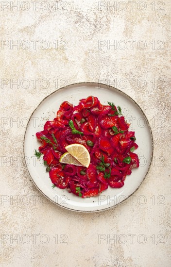 Salmon gravlax with beetroot, Scandinavian snack, beet gravlax, lightly salted fish, homemade, no people