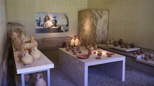 ©Udo Rein, Ancient ceramics exhibition in a museum with stone walls, storage objects, Casa Romana, Kos Town, Kos, Dodecanese, Greek Islands, Greece