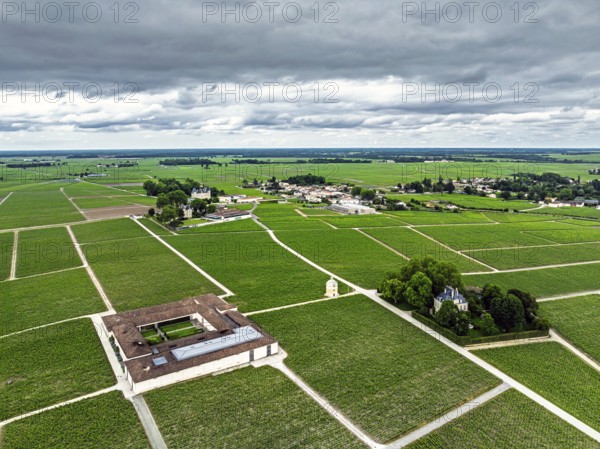 Chateau Latour Vineyard and grape fields around Pauillac from a drone, Bordeaux, Gironde, Nouvelle-Aquitaine, France