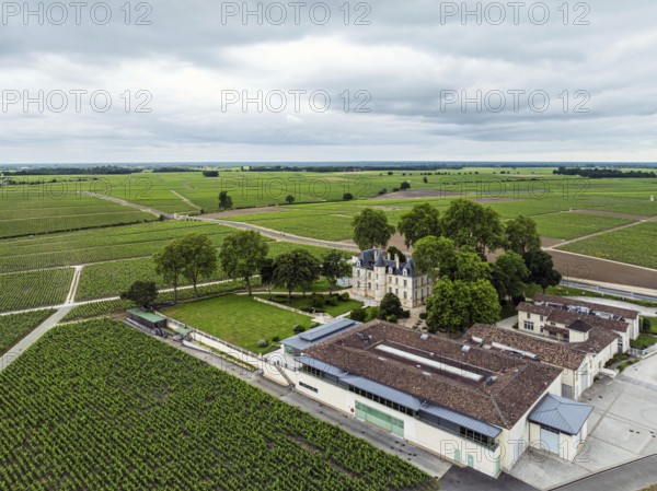 Chateau Pichon Longueville Comtesse de Lalande Vineyard and grape fields around Pauillac from a drone, Bordeaux, Gironde, Nouvelle-Aquitaine, France