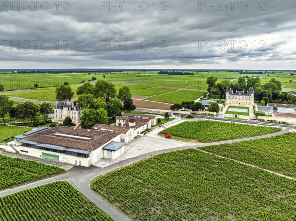 Chateau Pichon Longueville Comtesse de Lalande Vineyard and Chateau Pichon Longueville Baron Vineyard around Pauillac from a drone, Bordeaux, Gironde, Nouvelle-Aquitaine, France