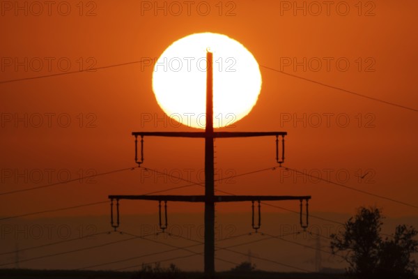 The sun rises behind an electricity pylon near Frankfurt am Main, Frankfurt am Main, Hesse, Germany