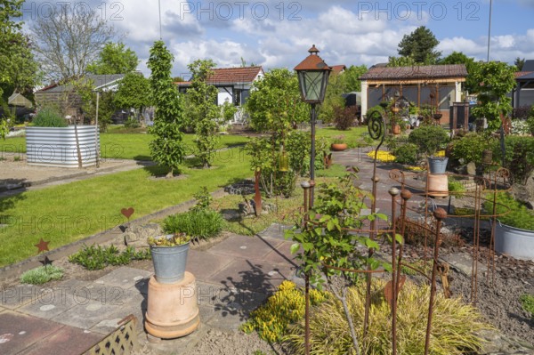 Garden house and decoration in allotment garden, allotment garden, garden, spring, Kamen, North Rhine-Westphalia, Germany