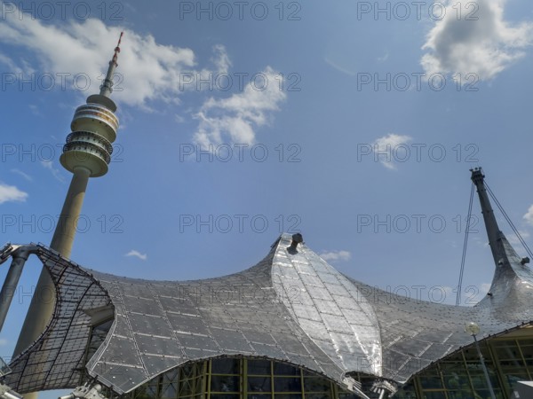 Roof construction of indoor swimming pool, Olympic Tower, Olympic Park, Munich, Bavaria, Germany