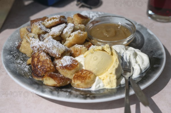 Kaiserschmarrn with ice cream and apple sauce, Bavaria, Germany
