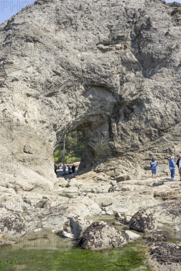 Large rock with a hole and people in the foreground, Hole in The Wall, Rialto Beach, Olympic National Park, Washington, USA, North America
