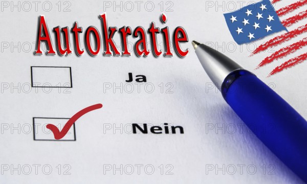 Autocracy tick yes-no, yes to freedom, democracy, form of government, freedom of expression, future, security, dictatorship, oppression, despotism, open life, Germany, Europe, world