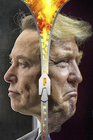 Symbolic image, Donald Trump and Elon Musk as separate brothers, dispute over tariffs and taxes, split US president and world's richest X-chief, Bitcoin kings, kleptocracy, price development, questionable alliance, government crisis, stock market prices, insecure digital currency, resources, energy, industry, economy critical, stock market hype, stock market crash, payment, insolvency, wrong decisions, maximum profit, profit slump, share prices, Germany as a business location, global economy, globalisation, environmental protection, mafia, Trump government, Bitcoin rally, cryptocurrency, crypto reserve, stock market trading, gold replacement currency