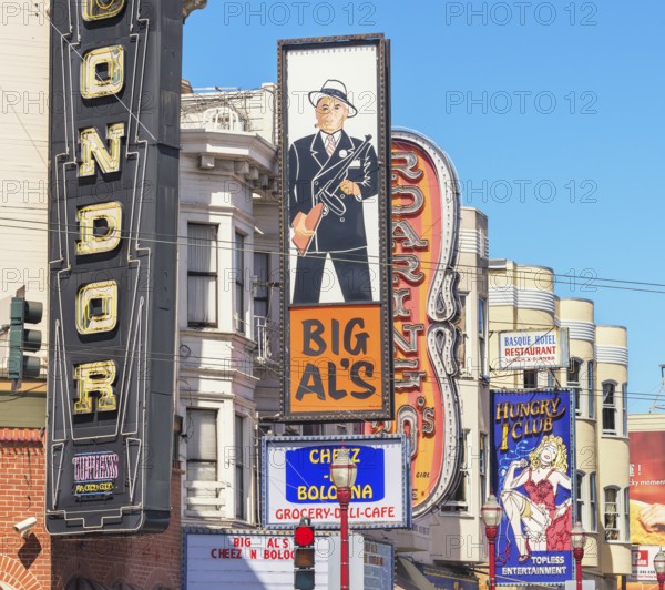 Billboards on buildings in North Beach district, San Francisco, California, USA