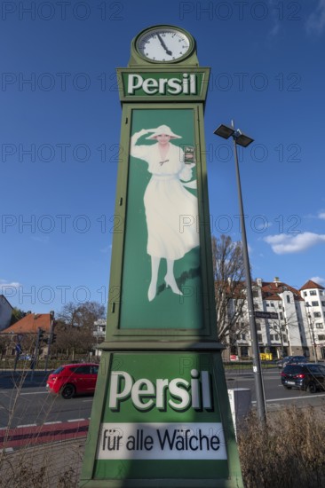 Historic persil clock made by Henkel in 1920, Billinganlage, Fürth, Middle Franconia, Bavaria, Germany