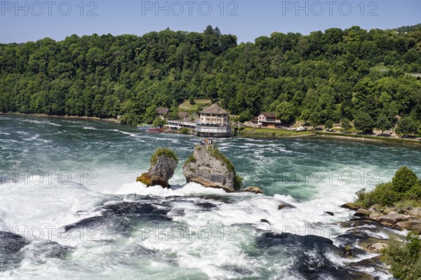 Der Rheinfall bei Schaffhausen mit dem Panoramarestaurant Schlössli Wörth, Neuhausen, Kanton Schaffhausen, Schweiz
