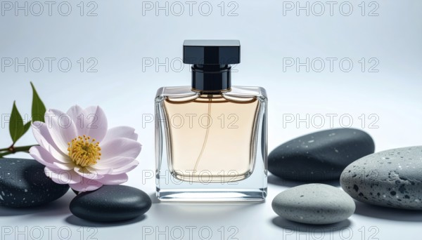 Bottle of perfume with flower and stones, cosmetic products, creative atmosphere, AI generated