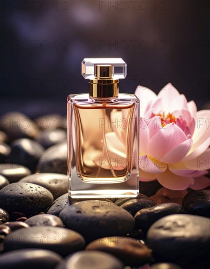 Bottle of perfume with flower and stones, cosmetic products, creative atmosphere, AI generated