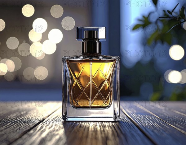 Bottle of perfume on a wooden table with bokeh background, AI generated