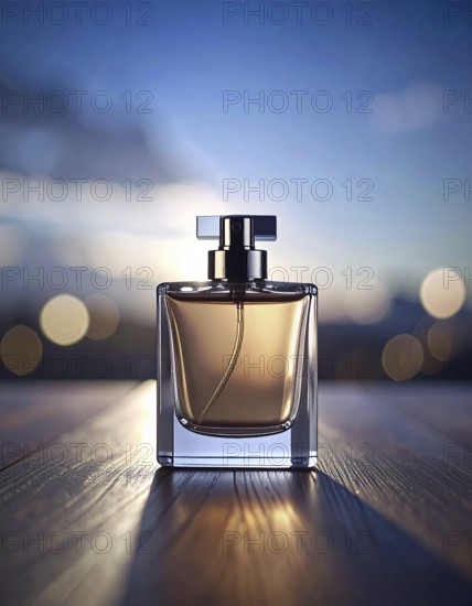 Bottle of perfume on a wooden table with bokeh background, AI generated