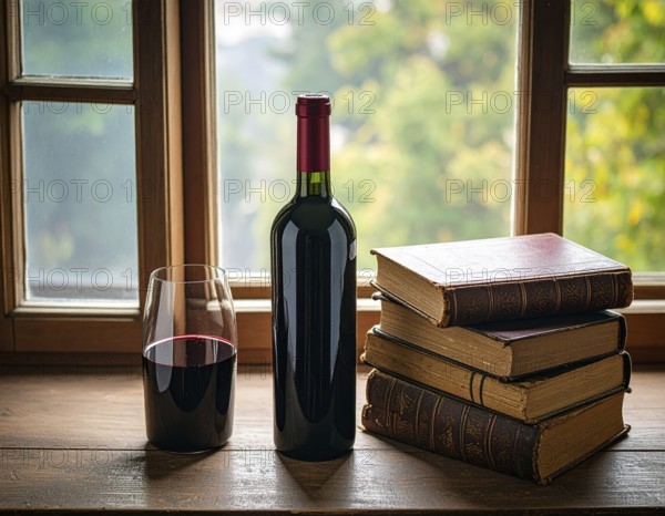 Bottle of wine and old books near the window, still life, AI generated