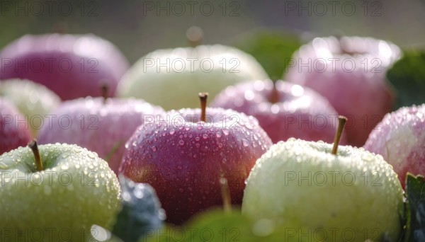 Freshly harvested green and red apples, bio organic food vegetarian nutrition products grown in your garden, AI generated