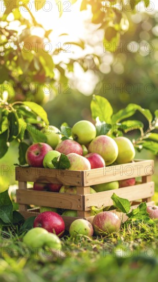 Freshly harvested green and red apples, bio organic food vegetarian nutrition products grown in your garden, AI generated
