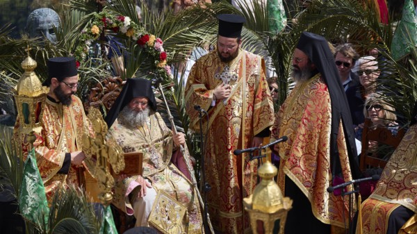 Orthodox priests in elaborate robes gather during a solemn religious ceremony, Orthodox ceremony, monks of St John's Monastery, ceremonial washing of feet, procession, Maundy Thursday, Megali Pempti, Chora, Patmos, Dodecanese, Greek Islands, Greece