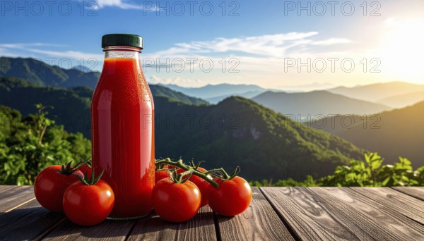 Bottle of fresh tomato juice on table, space for text, refreshing drink and vegetables from red tomato, AI generated