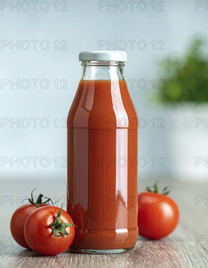 Bottle of fresh tomato juice on table, space for text, refreshing drink and vegetables from red tomato, AI generated