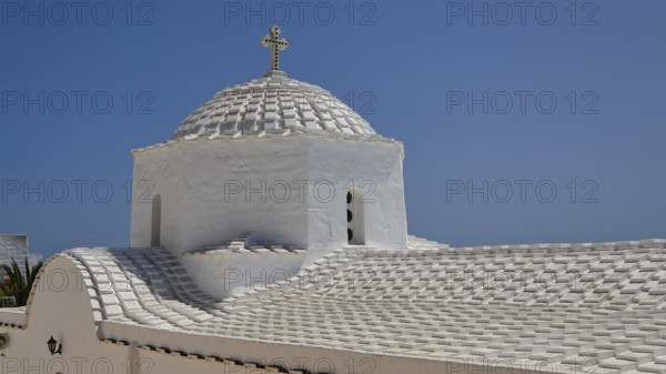 Cross-domed church Panagia Diasosousan, White church with dome and cross under a clear sky, Church, Chora, World Heritage Site 1999, Patmos, Dodecanese, Greek Islands, Greece