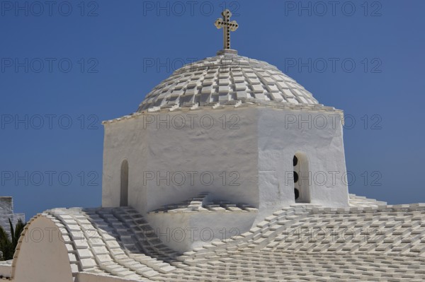 Cross-domed church of Panagia Diasosousan, church with white dome and cross against a blue sky, church, Chora, World Heritage Site 1999, Patmos, Dodecanese, Greek Islands, Greece