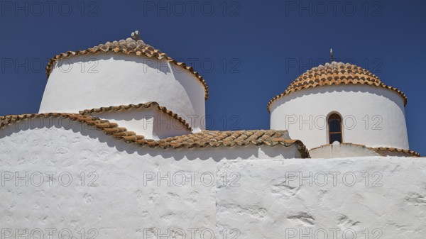 Church of Agia Kioura, church with two round domed roofs under a blue sky, church, Chora, World Heritage Site 1999, Patmos, Dodecanese, Greek Islands, Greece