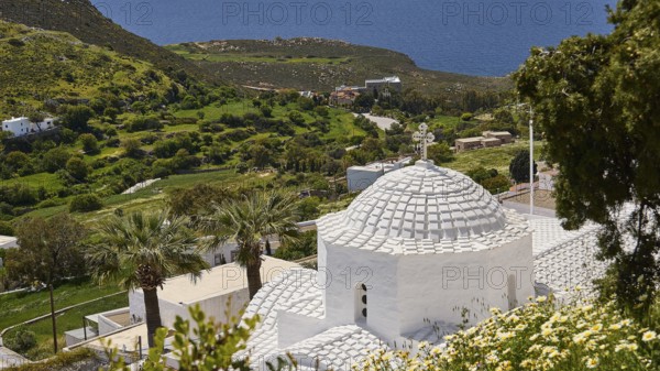 Cross-domed church Panagia Diasosousan, Moni Evangelismou, monastery, church in Mediterranean landscape with sea view and dome, church, Chora, World Heritage Site 1999, Patmos, Dodecanese, Greek Islands, Greece